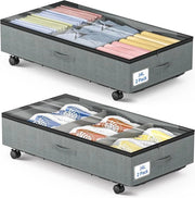 2 Scatole di Stoccaggio sotto il Letto - Scatola di Stoccaggio su Ruote - Scatola di Stoccaggio sotto il Letto pieghevole con Cerniere e Coperchio - Sotto il Letto Cassetti di Stoccaggio per Abiti - Organizzazione con Doppio Detersivo - Color Grigio