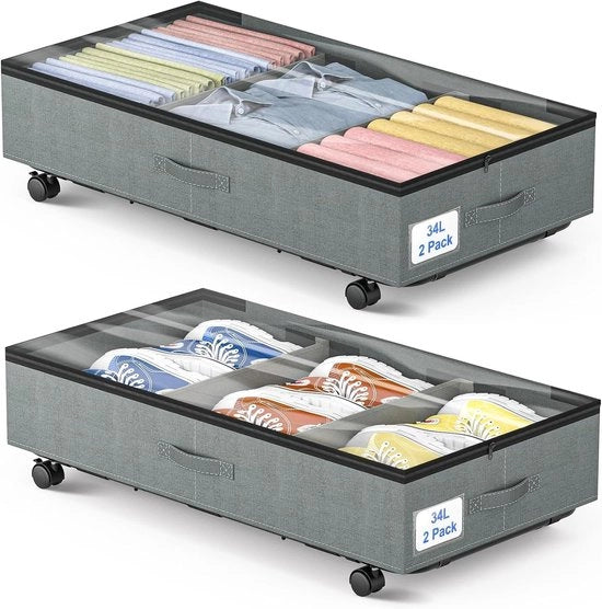 2 Scatole di Stoccaggio sotto il Letto - Scatola di Stoccaggio su Ruote - Scatola di Stoccaggio sotto il Letto pieghevole con Cerniere e Coperchio - Sotto il Letto Cassetti di Stoccaggio per Abiti - Organizzazione con Doppio Detersivo - Color Grigio