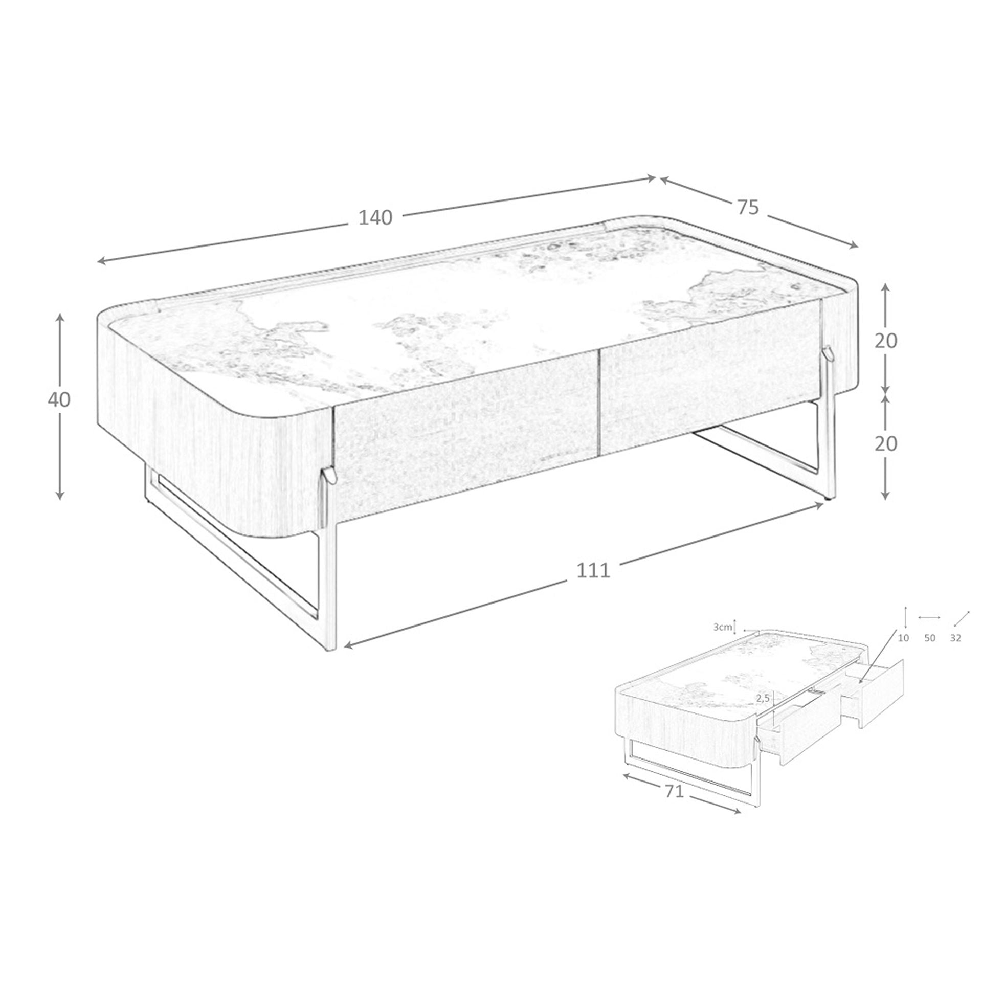 Tavolino rettangolare in marmo porcellanato, noce e acciaio metallizzato scuro