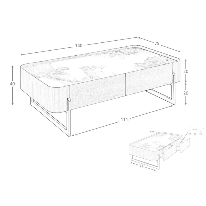 Tavolino rettangolare in marmo porcellanato, noce e acciaio metallizzato scuro