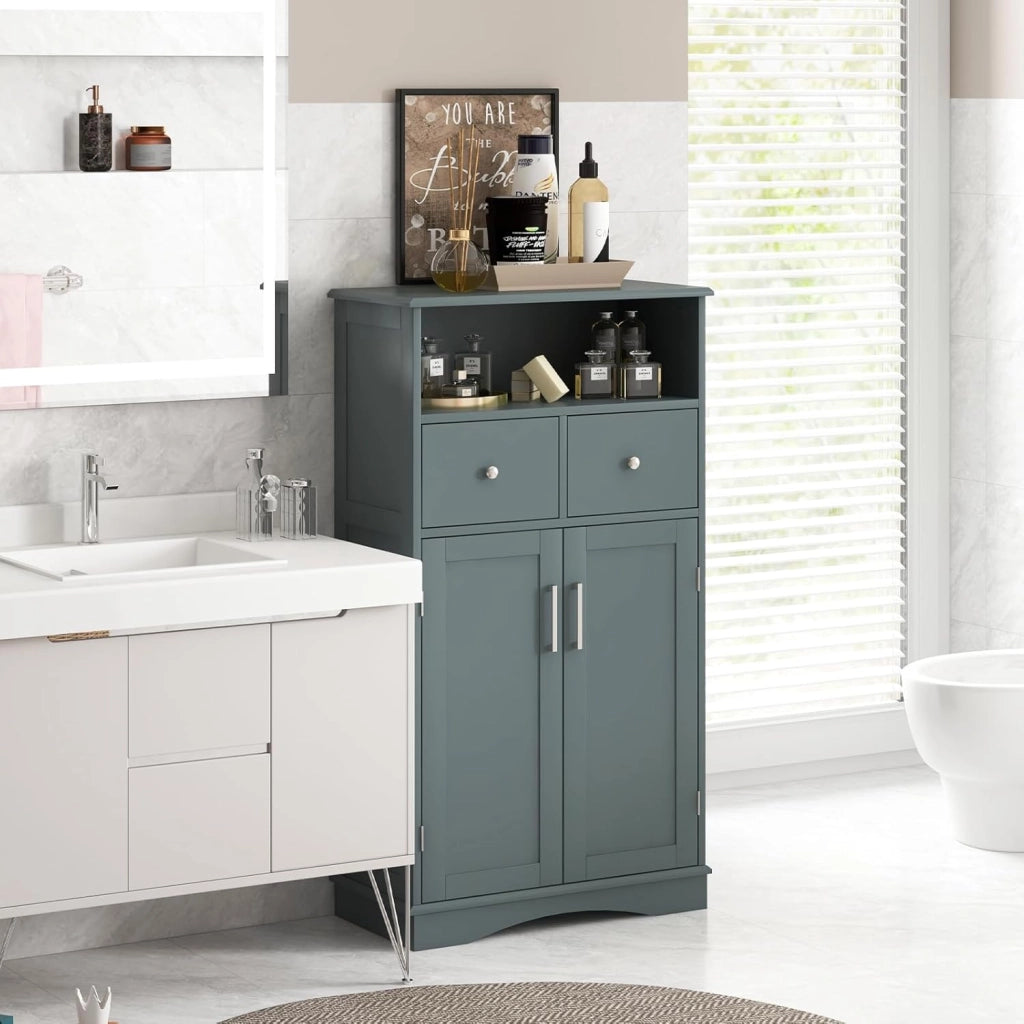 Armadietto da Bagno in MDF con Ripiani Regolabili, Mobiletto da Terra con 2 Ante e 2 Cassetti, Armadio Multifunzionale per Bagno, Soggiorno, Cucina, Bianco 60 x 30 x 108 cm (Grigio)