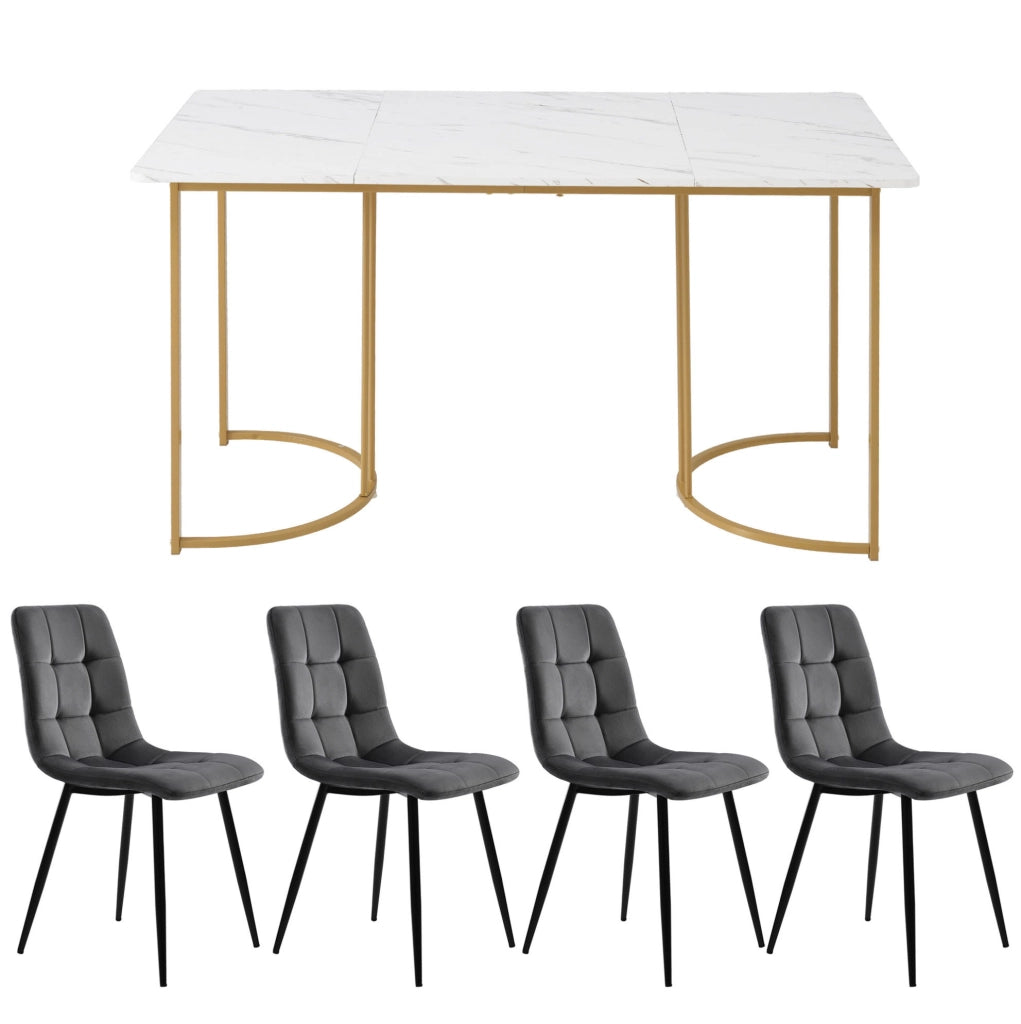 Set tavolo da pranzo 140x80 cm; effetto marmo; MDF bianco