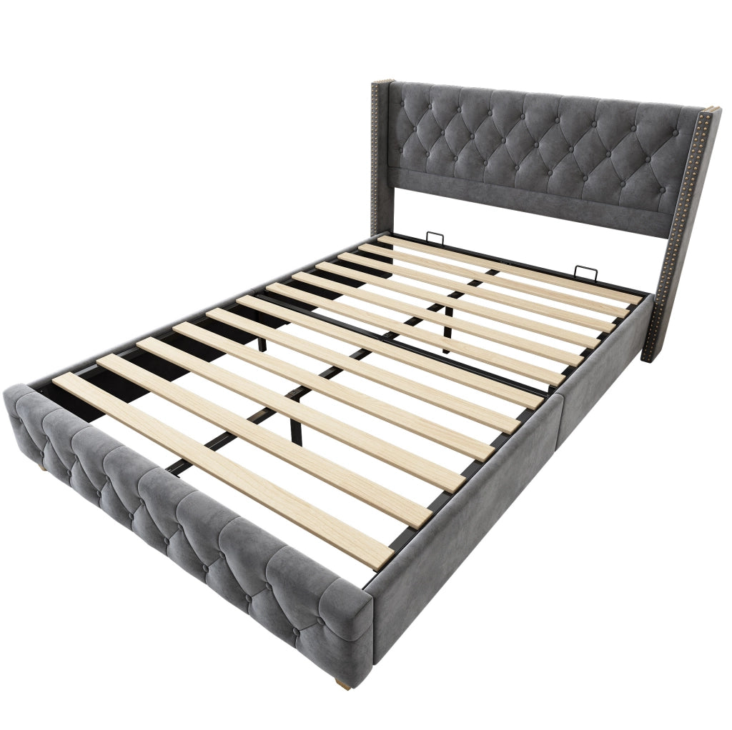 Letto imbottito 140x190 cm capitonn茅 con testiera; velluto grigio (Senza materasso)