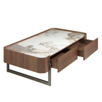 Tavolino rettangolare in marmo porcellanato, noce e acciaio metallizzato scuro