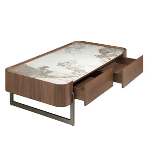 Tavolino rettangolare in marmo porcellanato, noce e acciaio metallizzato scuro