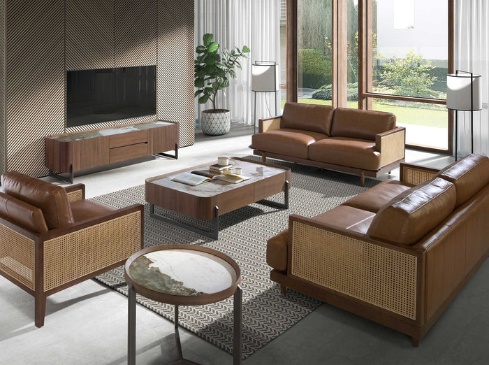 Tavolino rettangolare in marmo porcellanato, noce e acciaio metallizzato scuro