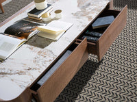 Tavolino rettangolare in marmo porcellanato, noce e acciaio metallizzato scuro