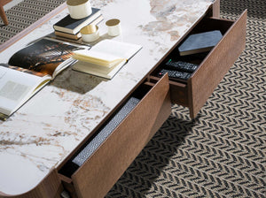Tavolino rettangolare in marmo porcellanato, noce e acciaio metallizzato scuro