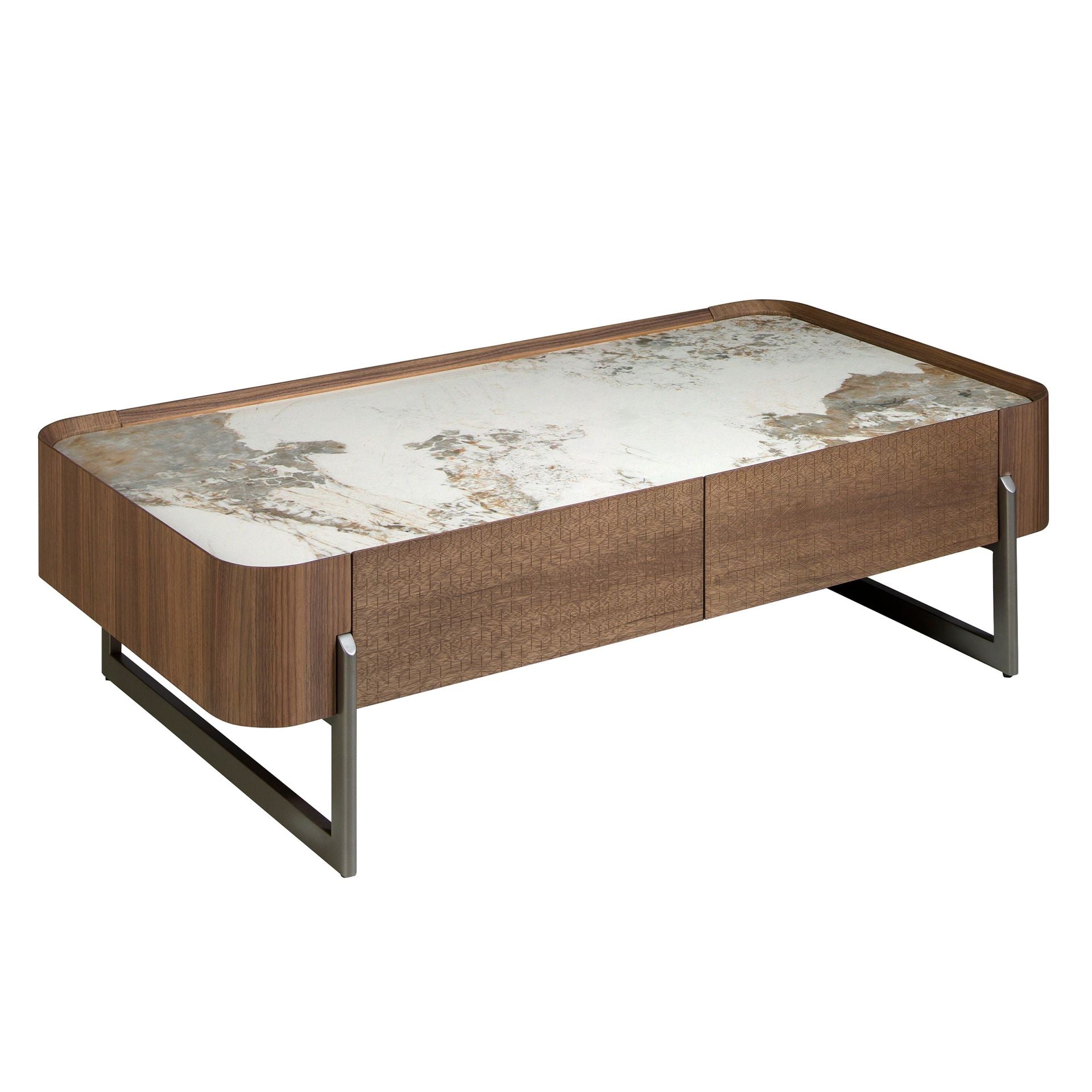 Tavolino rettangolare in marmo porcellanato, noce e acciaio metallizzato scuro