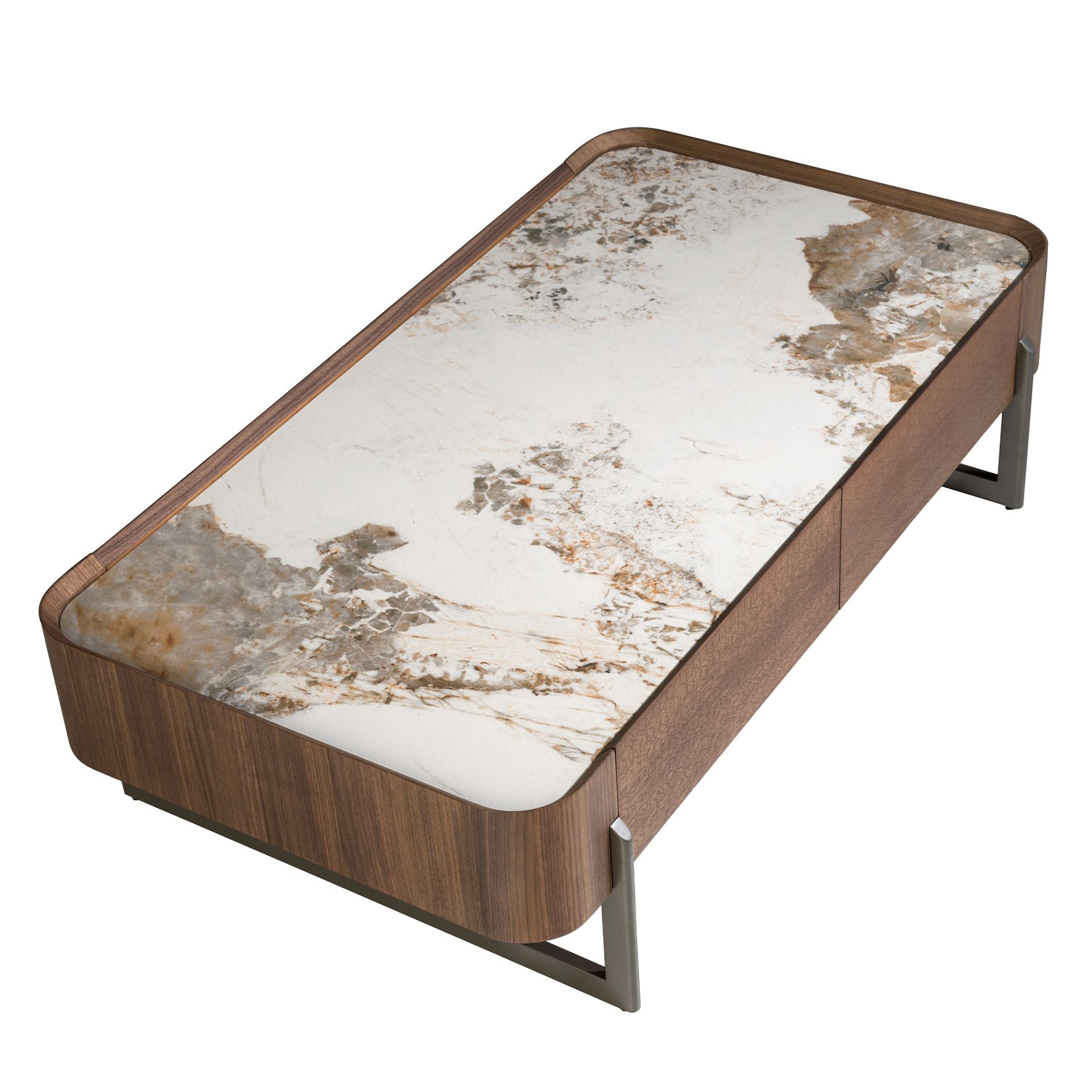 Tavolino rettangolare in marmo porcellanato, noce e acciaio metallizzato scuro