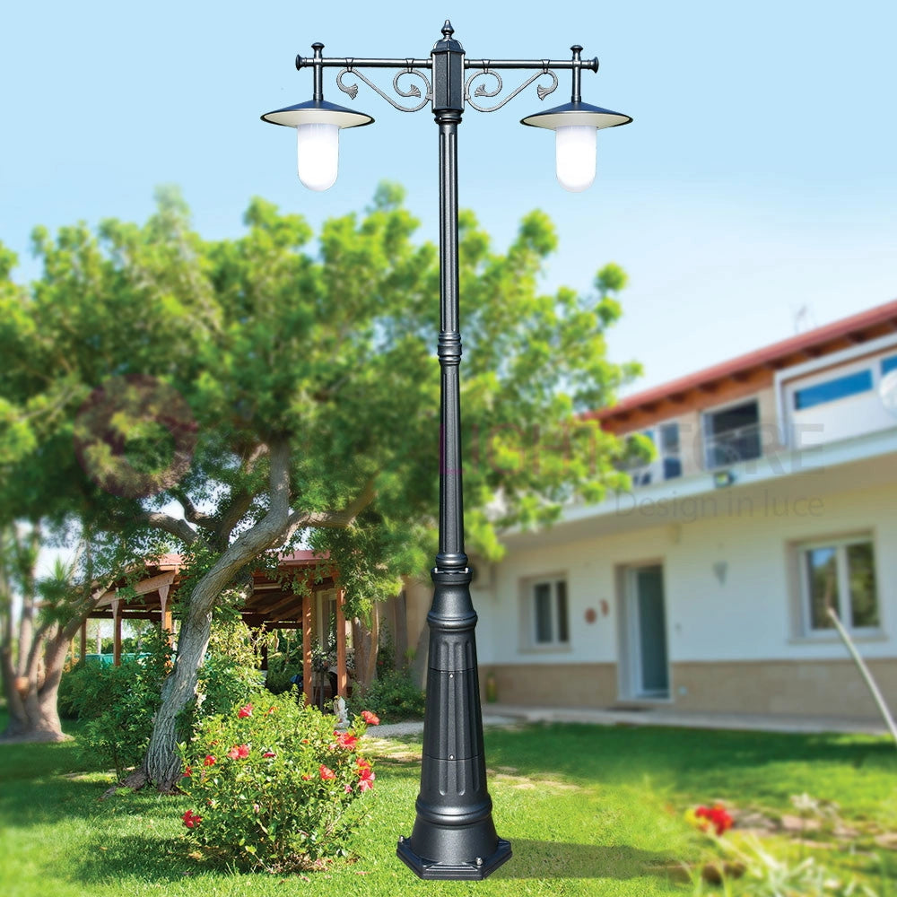 KAIROS ANTRACITE Lampione h.230 a 2 Luci da Esterno Giardino con piattini d.30