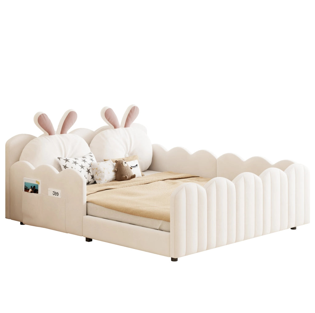 Letto piattaforma imbottito beige 140x200 cm con cuscino a forma di coniglio