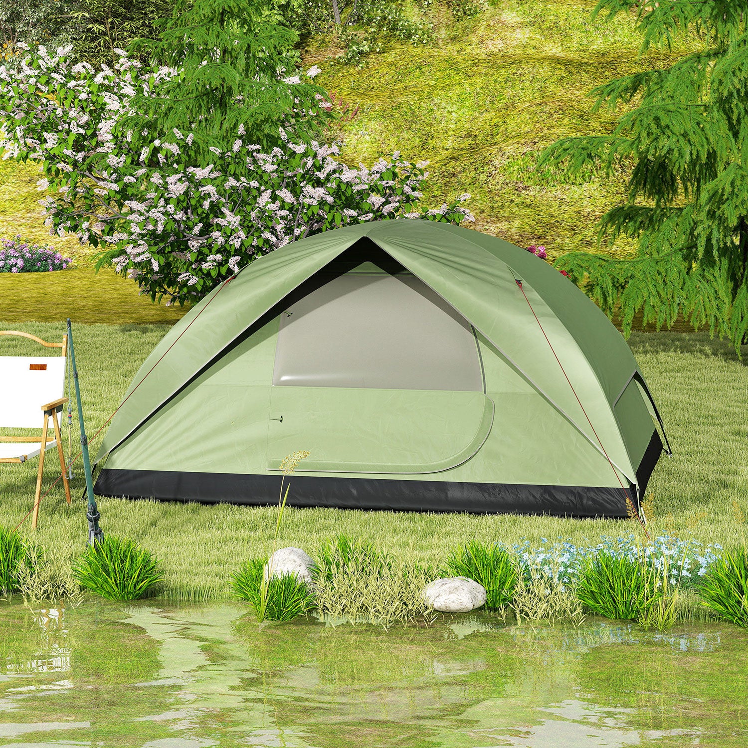 Tenda da Campeggio per 3 Persone Impermeabile 205x275x135H cm con Tasche e Gancio per Lanterna Verde