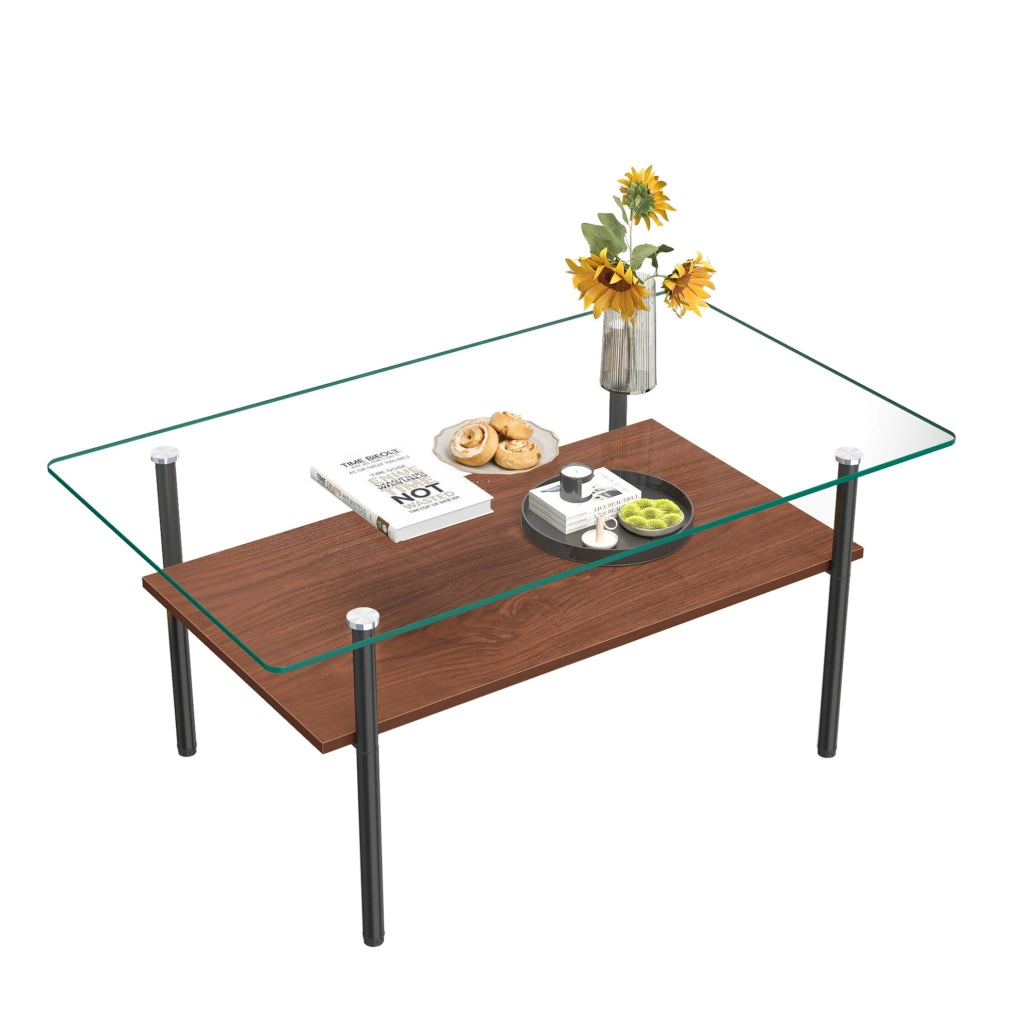 Tavolino da caffè 98x58x45 cm con piano in vetro temperato; ripiano in MDF e struttura in metallo; nero marrone