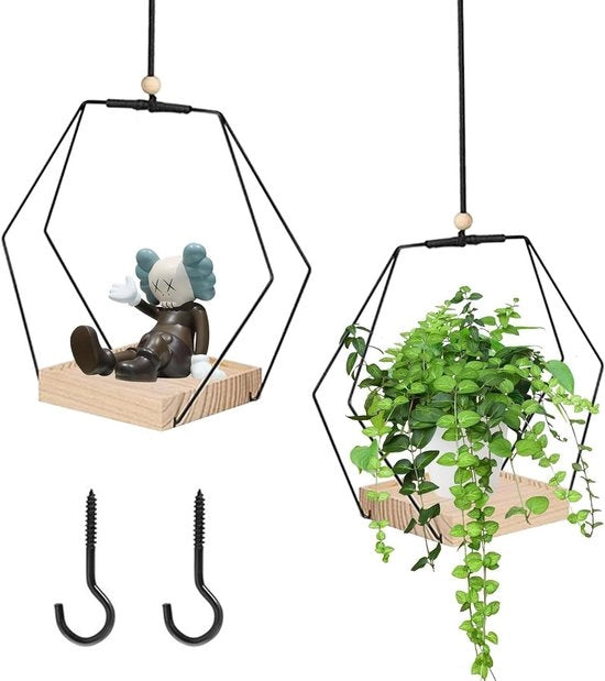 Sostegni per piante da appendere all'interno - Set da 2 con base in legno colore nero