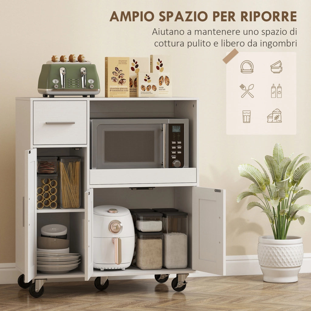 Mobiletto Microonde con Cassetto e Armadietti ¨C zephmum ¨C Legno Bianco 80x40x88.7 cm