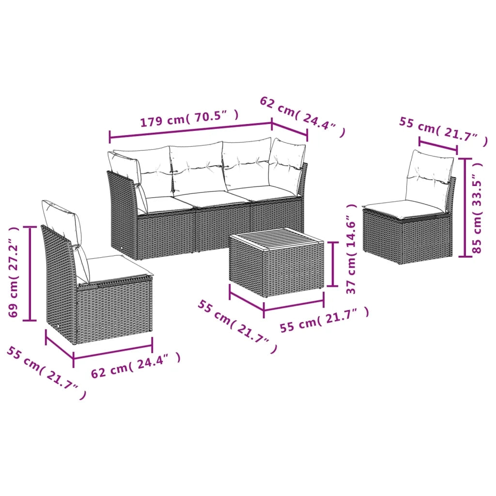 Set Divano da Giardino 6 pz con Cuscini Grigio in Polyrattan 3223547