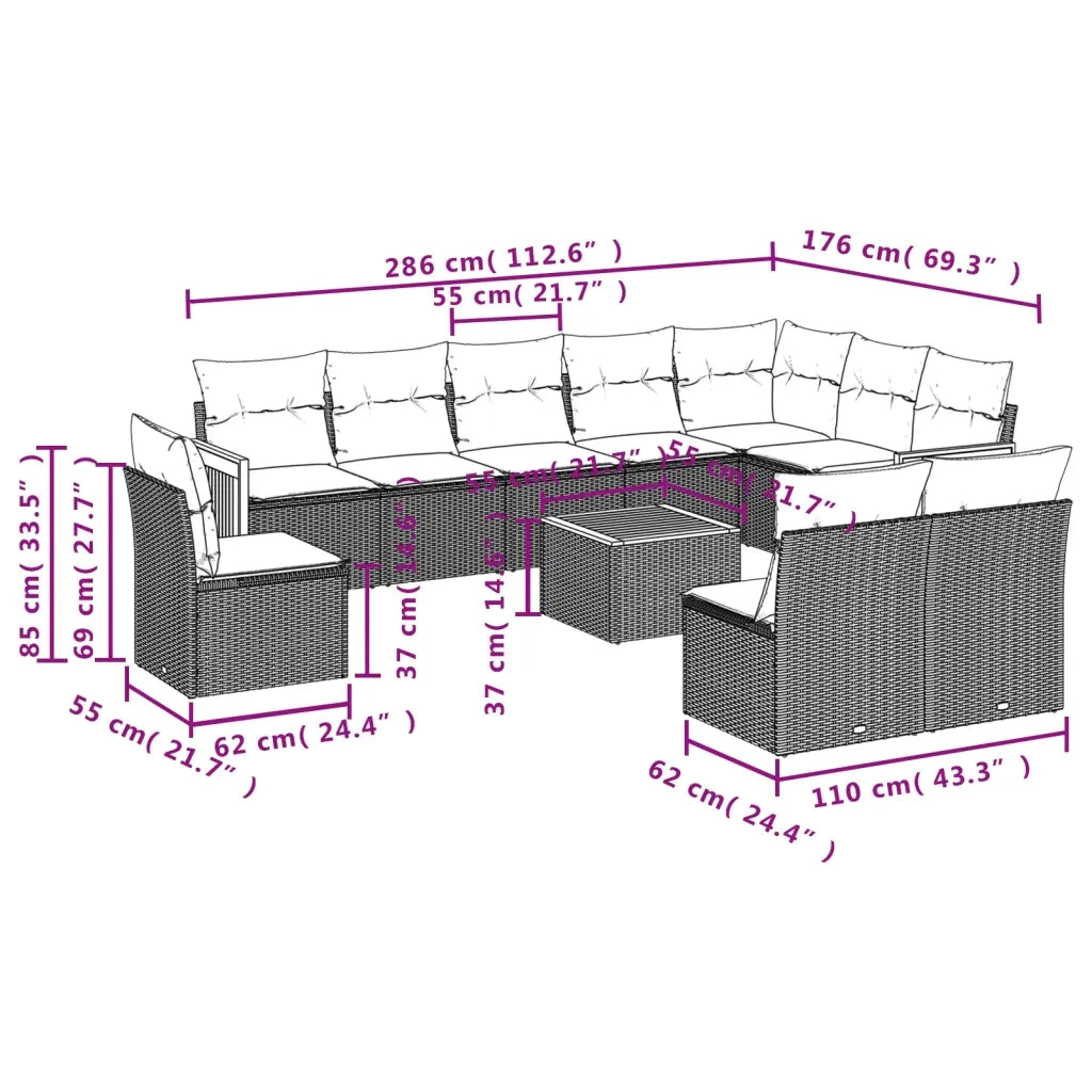 Set Divani da Giardino 11 pz con Cuscini in Polyrattan Nero 3227756