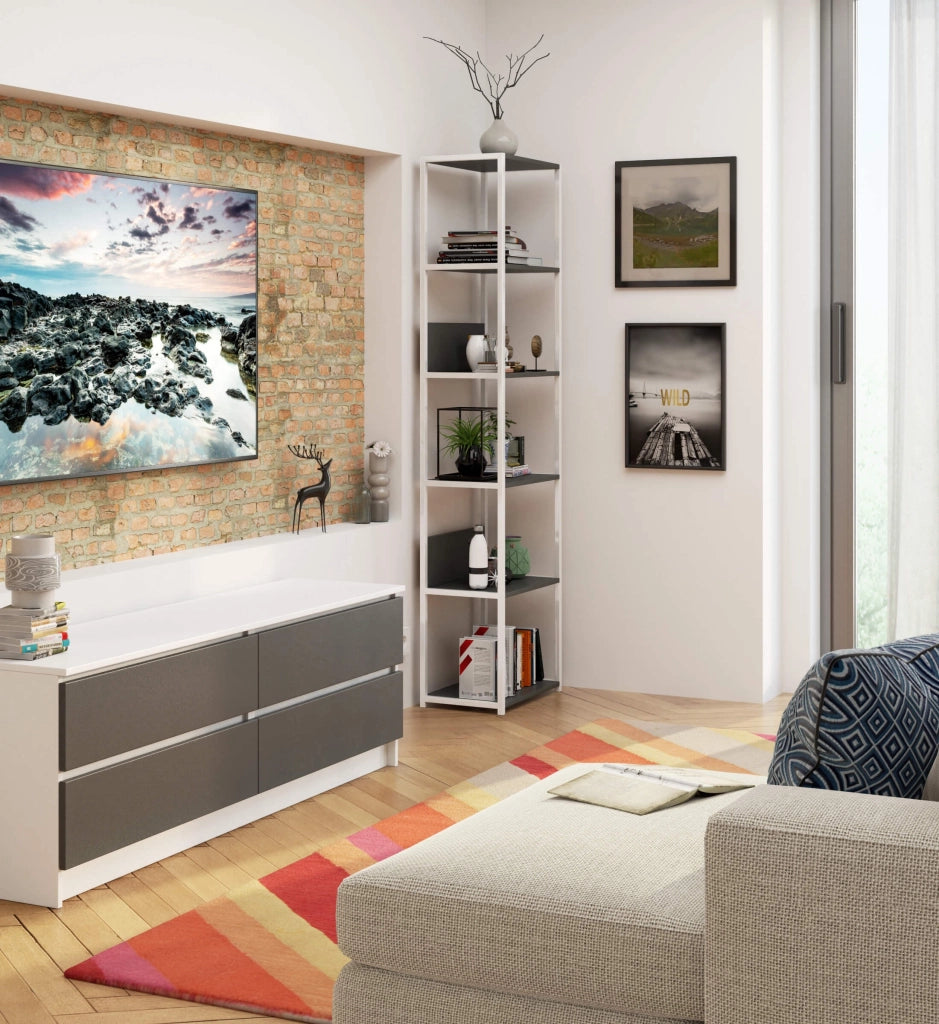 Scaffale stilo loft con ripiani in legno 50 cm Bianca 50 cm inserto frontale Grigio 50x32x192 cm
