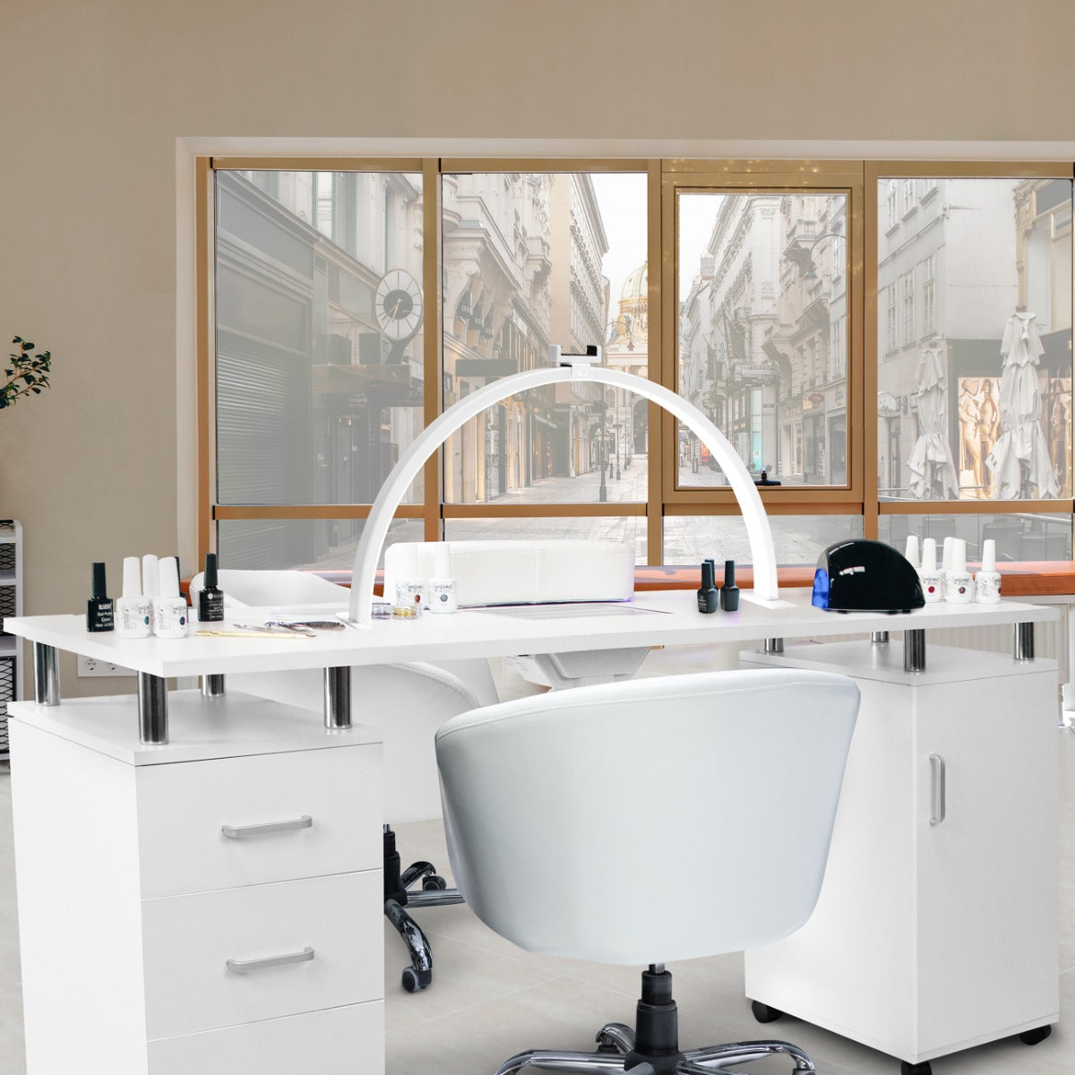 Tavolo Professionale per Manicure & Lampada Mezzaluna LED 79cm  Scrivania per Salone di Bellezza per Unghie