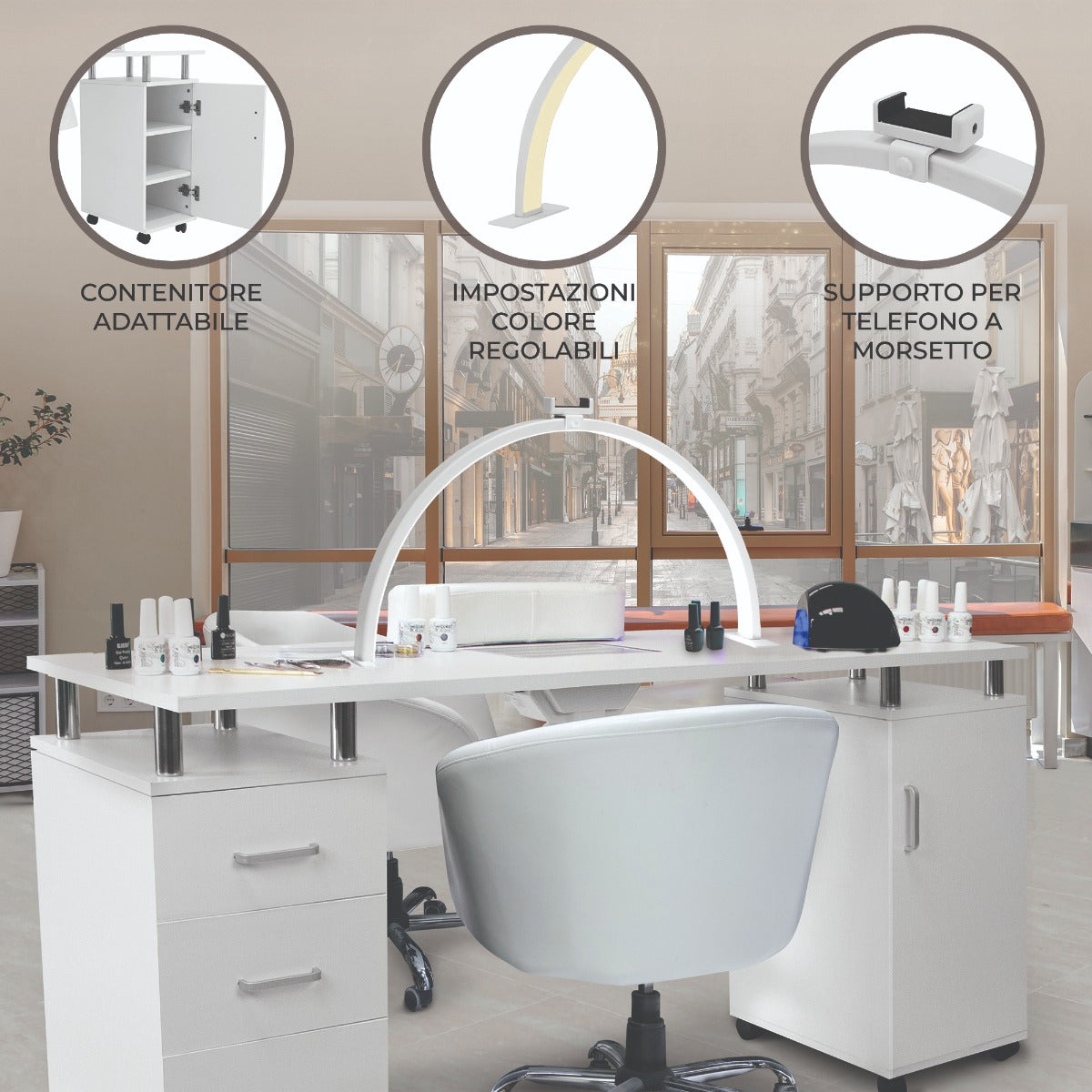 Tavolo Professionale per Manicure & Lampada Mezzaluna LED 79cm  Scrivania per Salone di Bellezza per Unghie