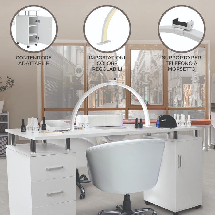 Tavolo Professionale per Manicure & Lampada Mezzaluna LED 79cm  Scrivania per Salone di Bellezza per Unghie