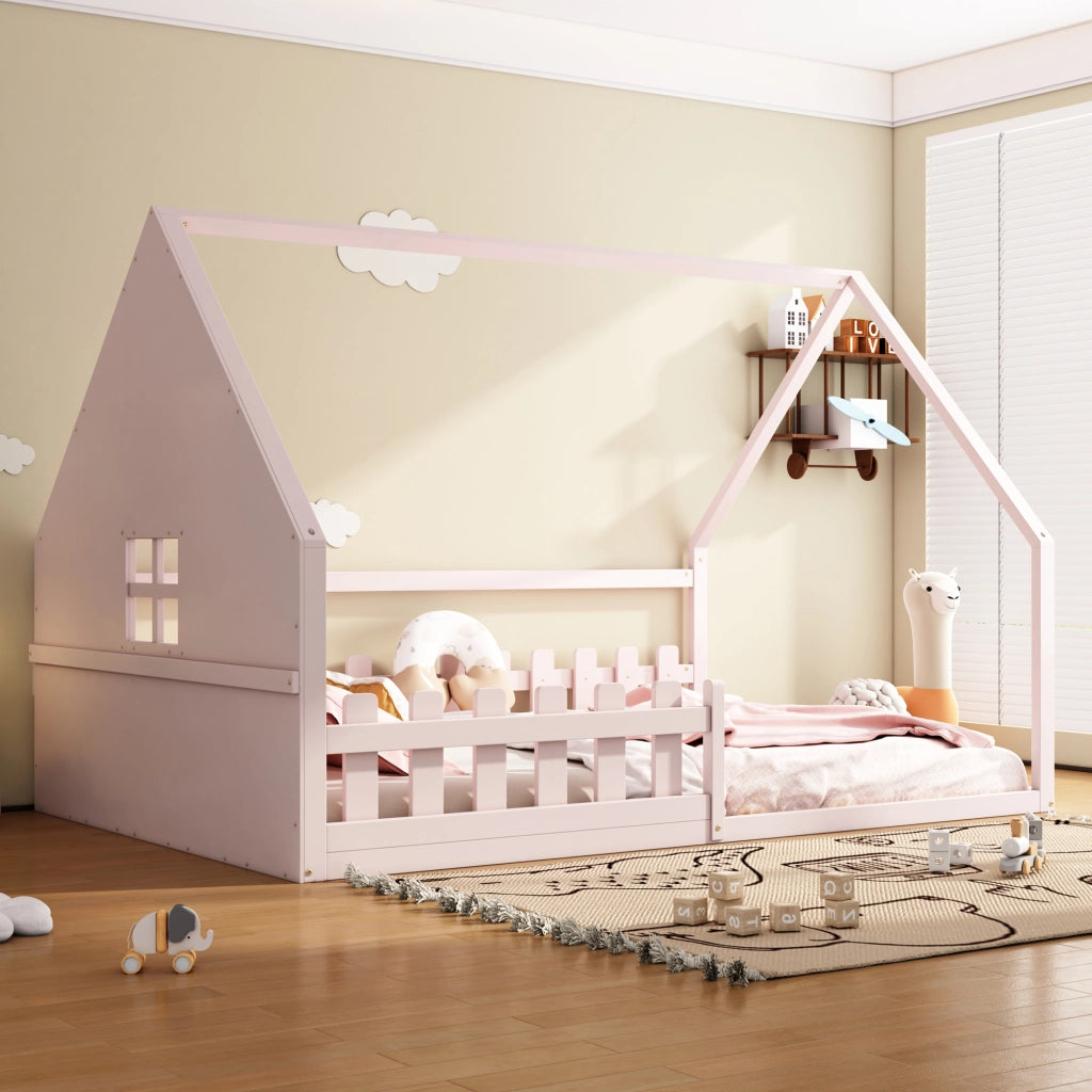 Letto Casetta 140×200 cm; Letto Singolo 2 Posti con Sponda; senza Materasso; in Pino e MDF; Rosa