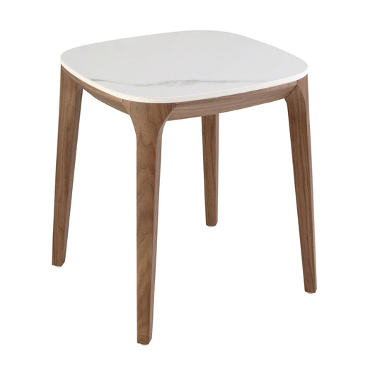 Tavolo d'angolo quadrato in marmo porcellanato e noce