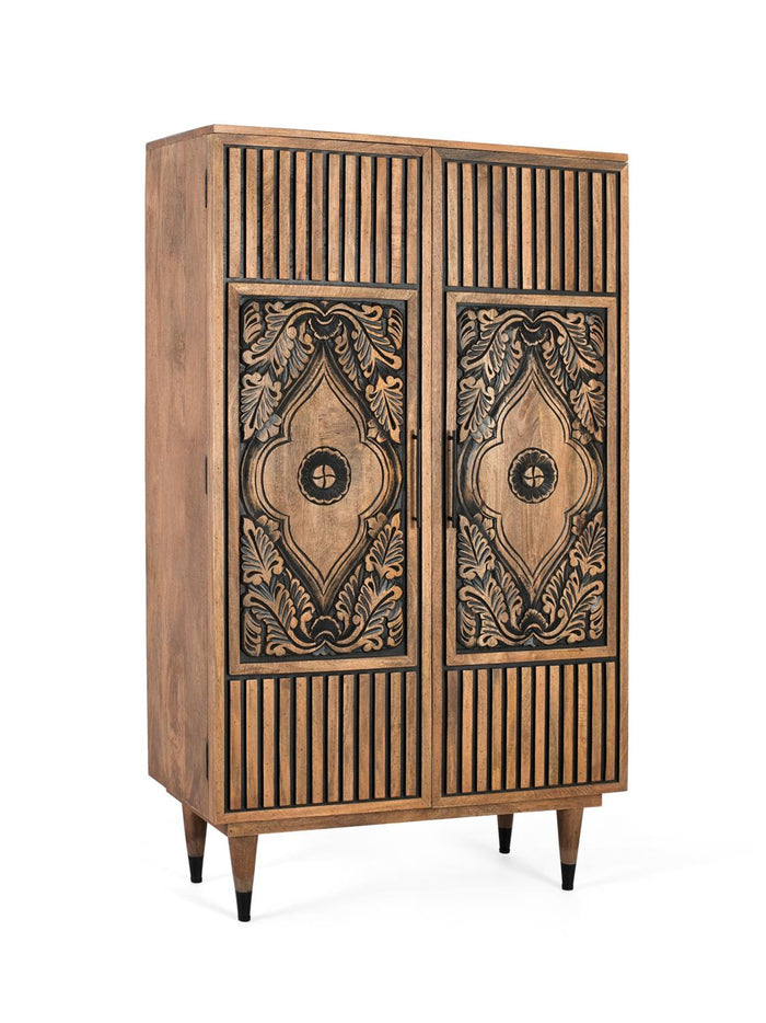 Credenza alta in legno di mango e dettagli dipinti a mano