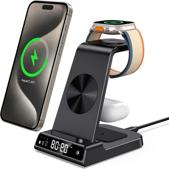 Oplader iPhone 3 in 1 - Oplaadstation con Orologio - Oplader per Apple Watch - Compatibile con Apple Watch Ultra - Air Pods - Aggiunta di Contenuto HTML Oplaadstation