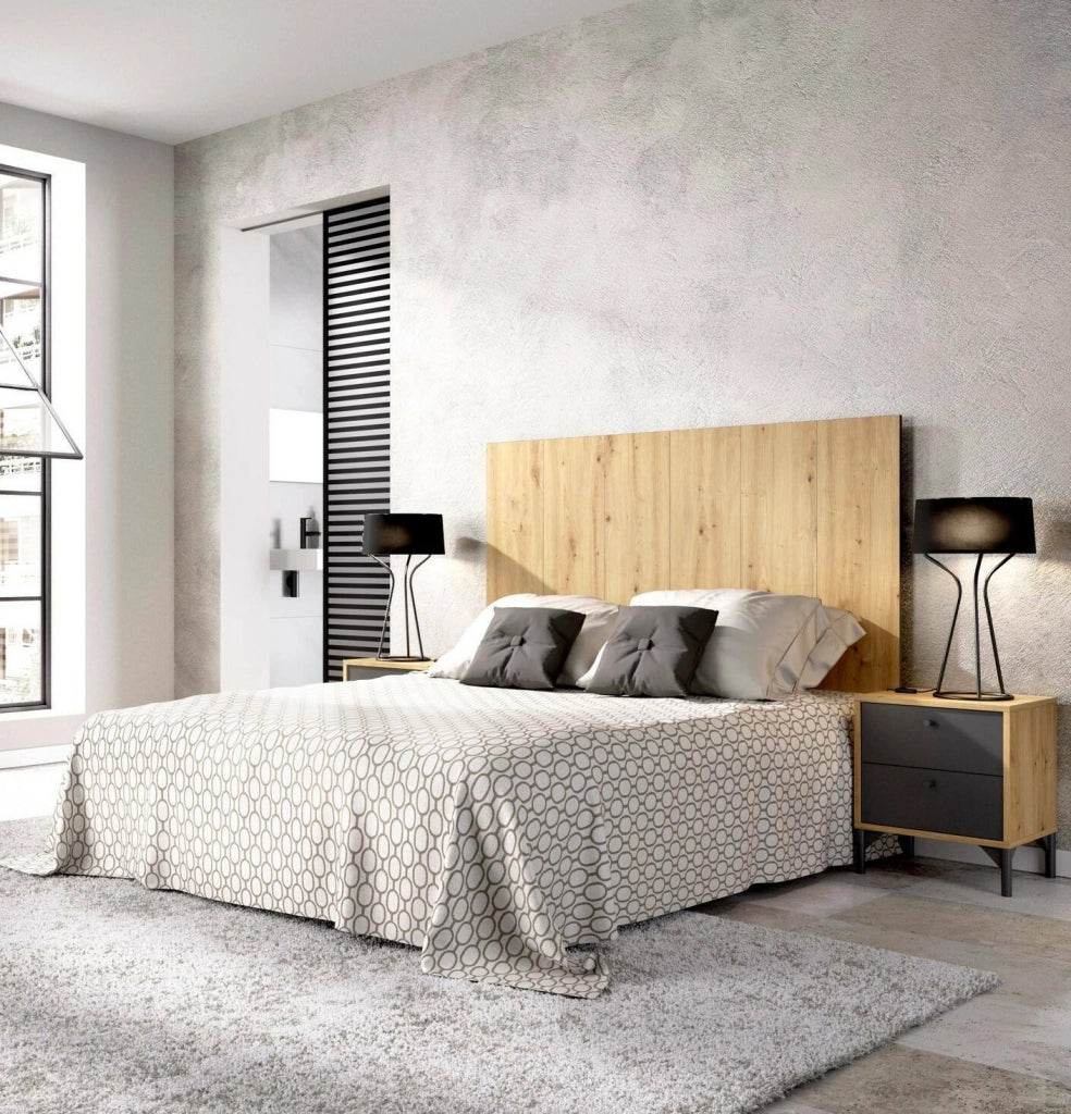 Testiera letto Alaca, Spalliera letto per camera matrimoniale, Testata letto matrimoniale con 2 comodini, 244x37h127 cm, Rovere e Antracite