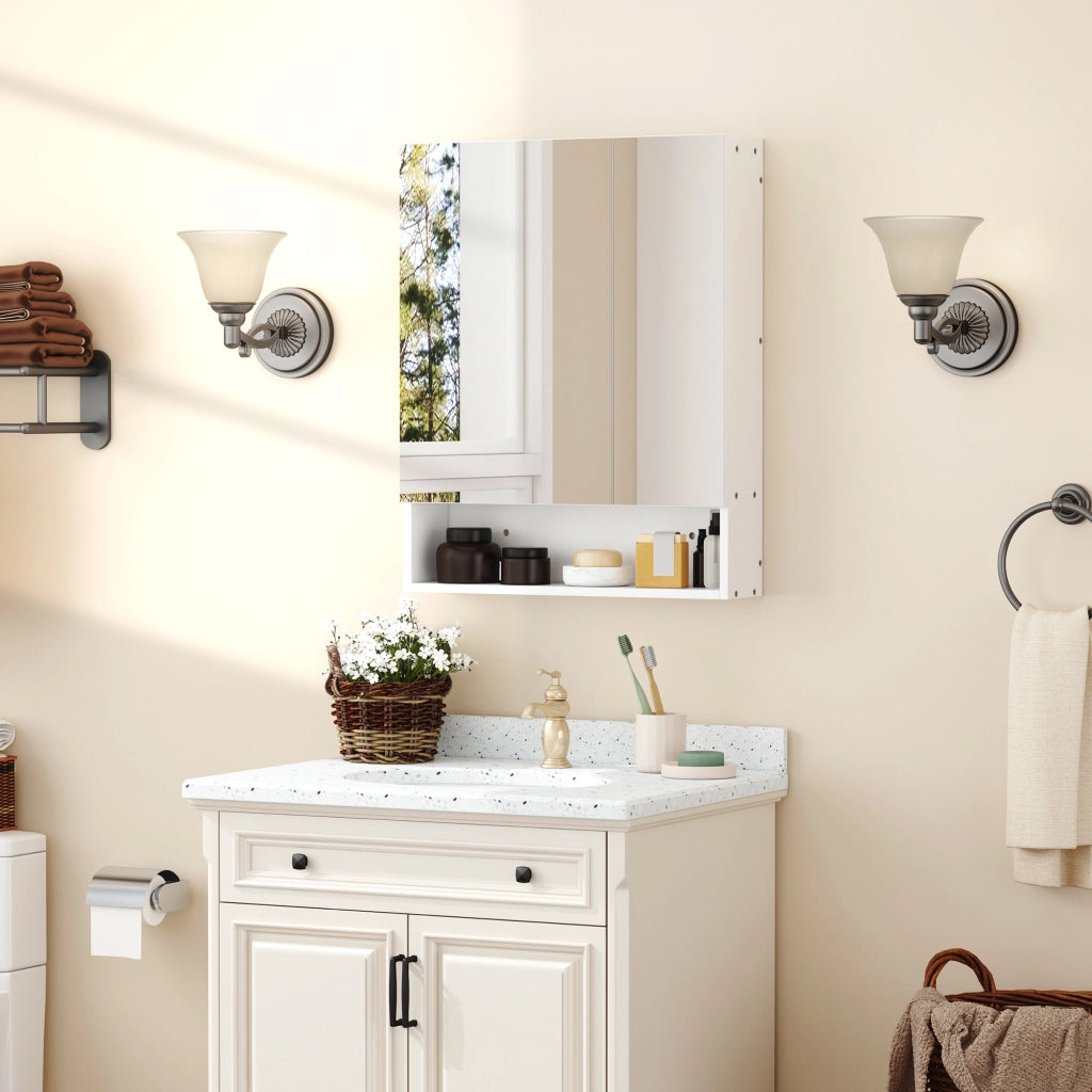 EasyComfort Armadietto a Specchio Rettangolare Montato a Parete con Credenze e Ripiano Regolabile, in MDF e Vetro, 60x15x75cm, Bianco