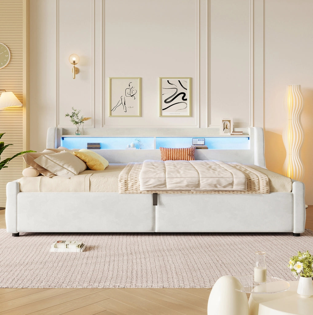 Letto imbottito 140x200 cm in flanella beige; con contenitore e testiera LED