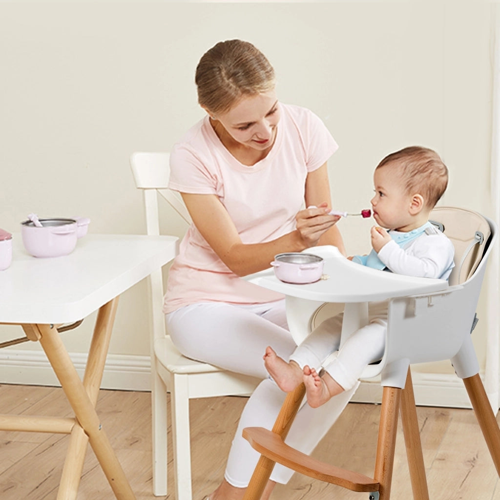 Seggiolone per bambini-Seggiolone convertibile 2 in 1 in legno regolabile con cintura di sicurezza a 5 punti per neonati 57x57x83cm