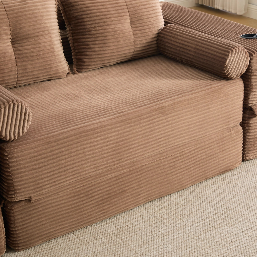 Divano letto multifunzionale in corduroy con tasche laterali, portabicchieri e cuscini memory