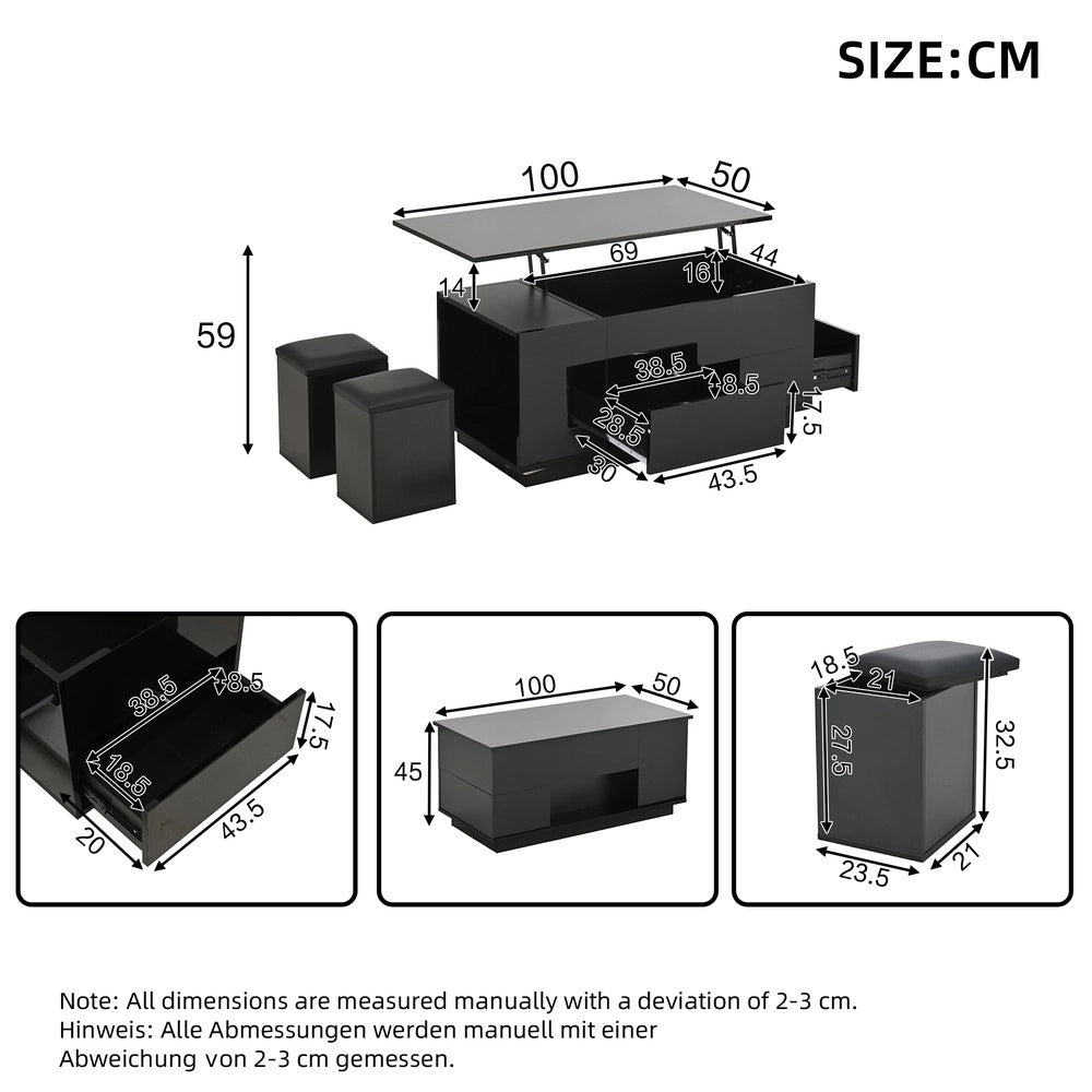 Tavolino da Caff¨¨ 4 in 1 con LED ¨C MINIMAL ¨C Nero, 2 Cassetti, Altezza Regolabile, 100x50x45