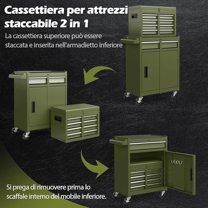 Cassettiera Portautensili a 4 Cassetti, Carrello per Attrezzi con Ruote Bloccabili Ripiano Regolabile e Rivestimento Antiscivolo, 59 x 28 x 102 cm (Verde Oliva)