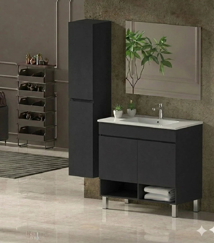 Mobile Bagno NEBARI com gambe Già Montato 2 portas, lavabo e specchio Grafite 70x40 cm con colonna