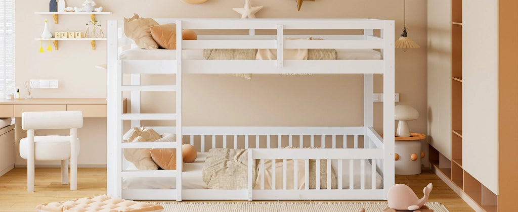 DESMIU Letto a castello 4 posti con sponde, 160 × 200 cm e 160 × 200 cm, senza materasso, in MDF e pino, bianco