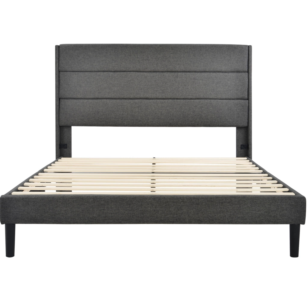 Letto imbottito 140x200 cm in tessuto effetto lino grigio con rete a doghe e testiera