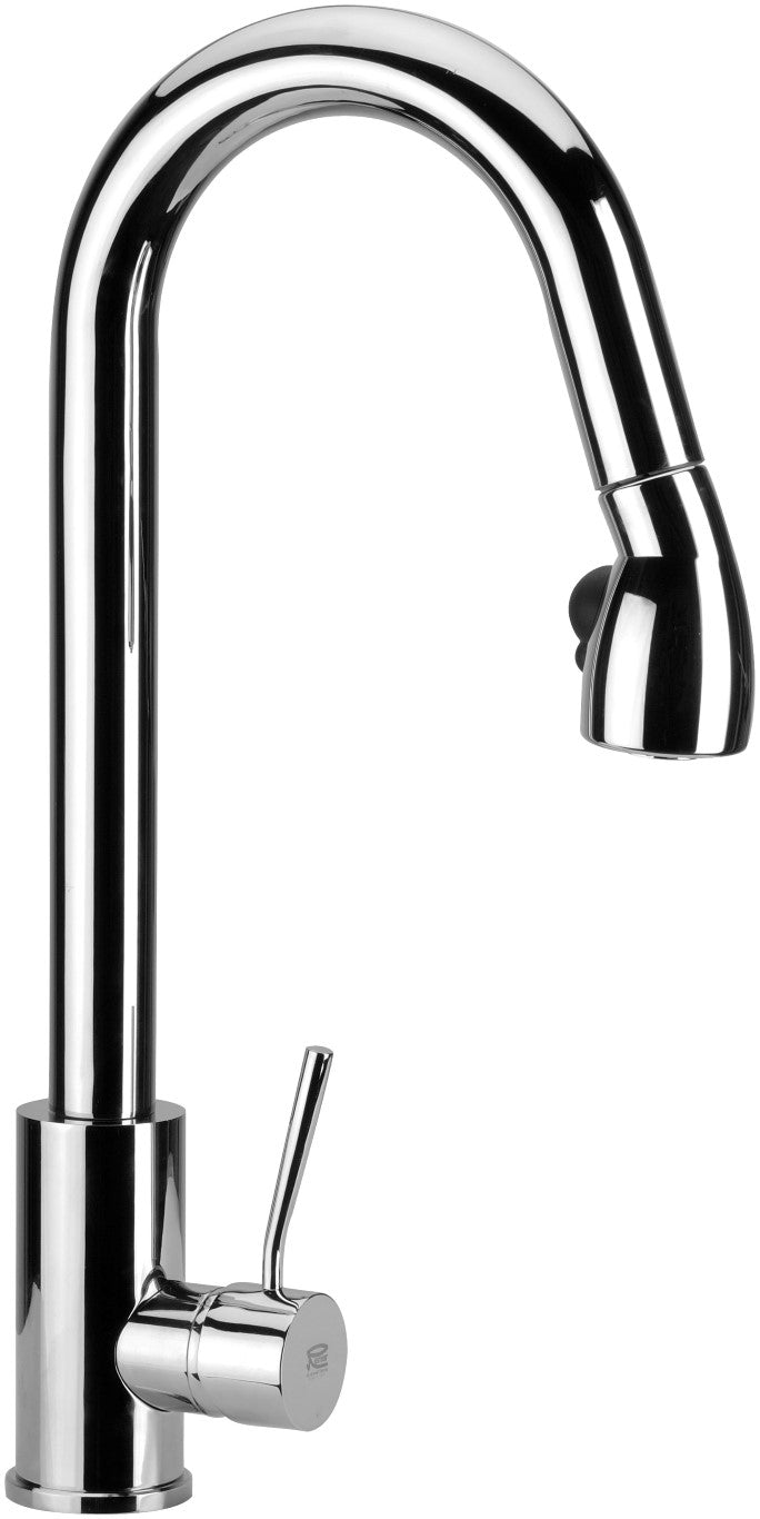 Rubinetto laterale per lavello a base tonda alto con bocca a j girevole e doccetta estraibile serie minimal