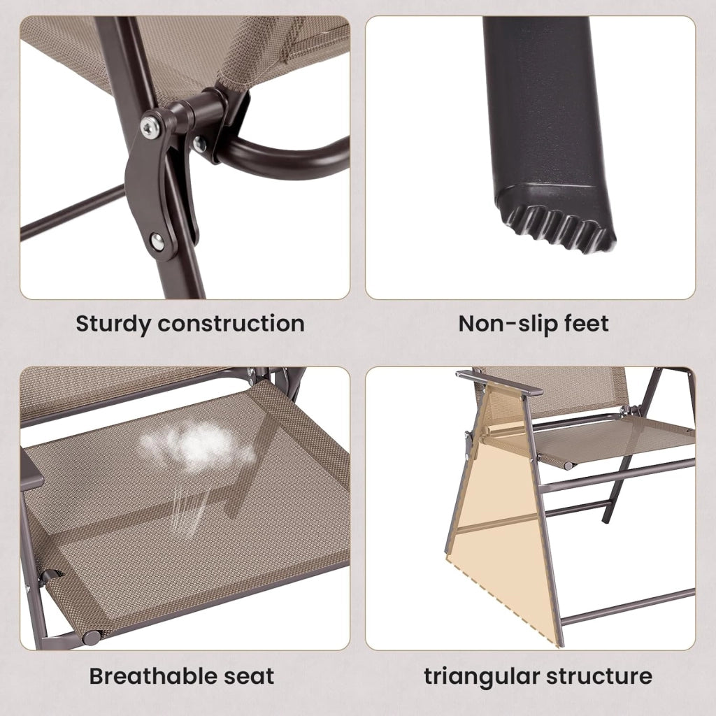 Set di 4 sedie pieghevoli con schienale, braccioli, sedie da terrazza, sedie da pranzo, fino a 150 kg, sedia pieghevole per campeggio, spiaggia, giardino, piscina, terrazza, marrone