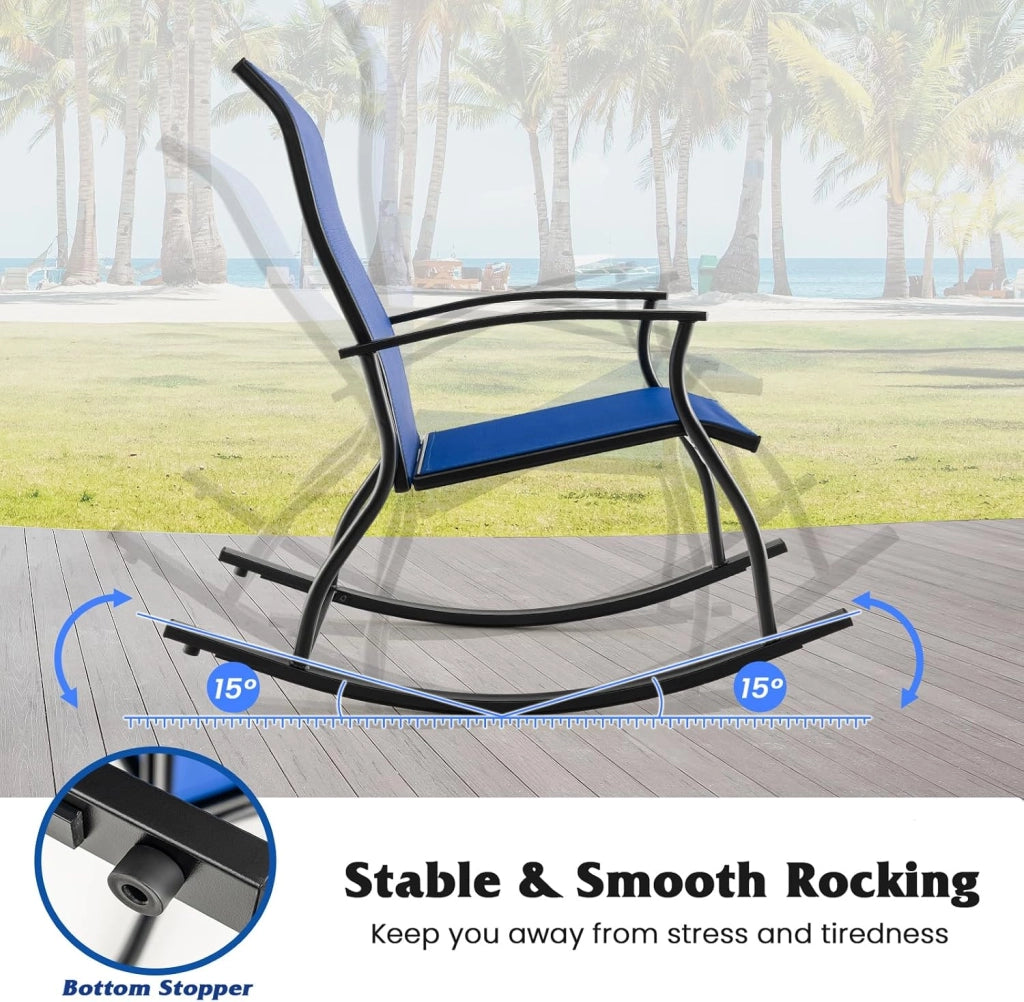 Set di 2 poltrone a dondolo in tessuto a rete, sedia a dondolo da esterno, design ergonomico, Rocking-Chair, carico 150 kg, per terrazza, patio, giardino, 102 x 68 x 100 cm, colore: blu