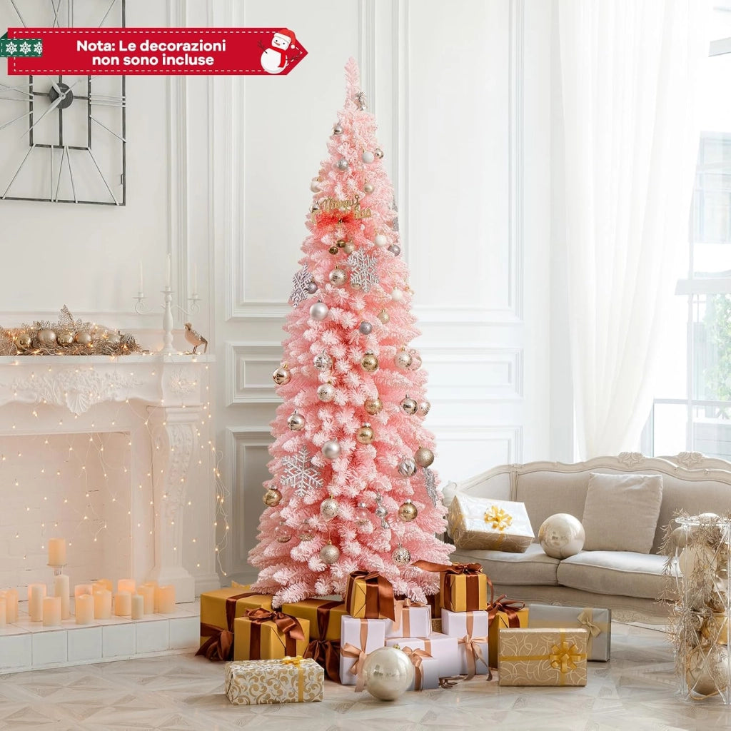 Albero di Natale Slim Rosa 150/180 cm, Albero di Natale Innevato con 328/460 Rami e Supporto Metallico Pieghevole, Albero per Decorazione per Feste in Casa e Ufficio (180 CM)