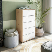 Cassettiera Praha, Settimino multiuso, Comò camera da letto, Mobile con cassetti, 60x40 h109 cm, Bianco e Rovere Nodi