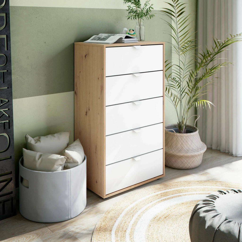 Cassettiera Praha, Settimino multiuso, Comò camera da letto, Mobile con cassetti, 60x40 h109 cm, Bianco e Rovere Nodi