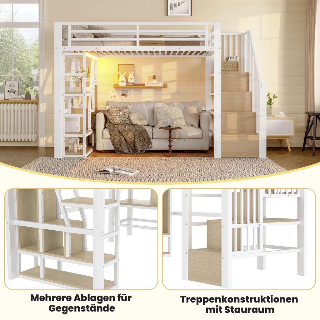 Letto a soppalco bianco 90x200 cm in acciaio e MDF con luci LED, ripiani, gradini contenitore e sponde