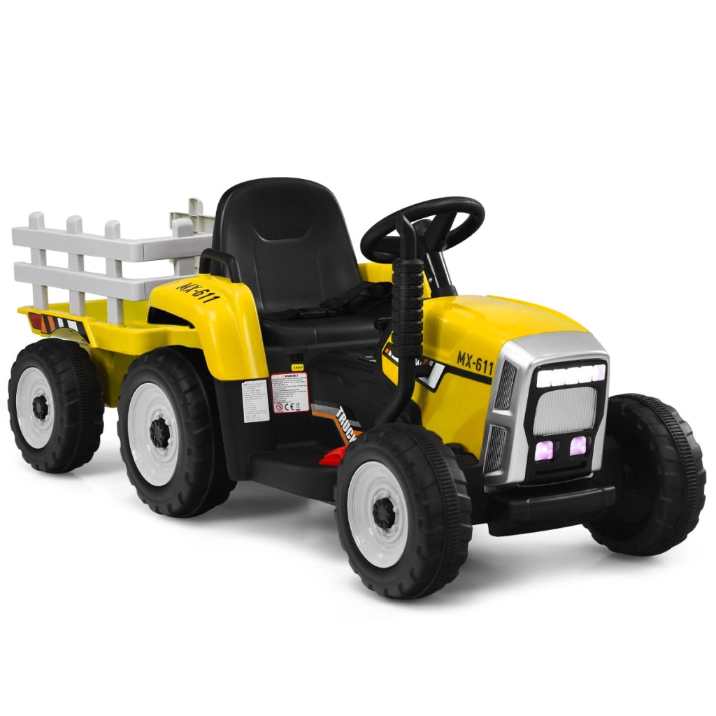 Trattore giocattolo elettrico con 3 marce luci led musica clacson, Trattore con rimorchio 12 v per bambini Giallo-Macchinine giocattoli