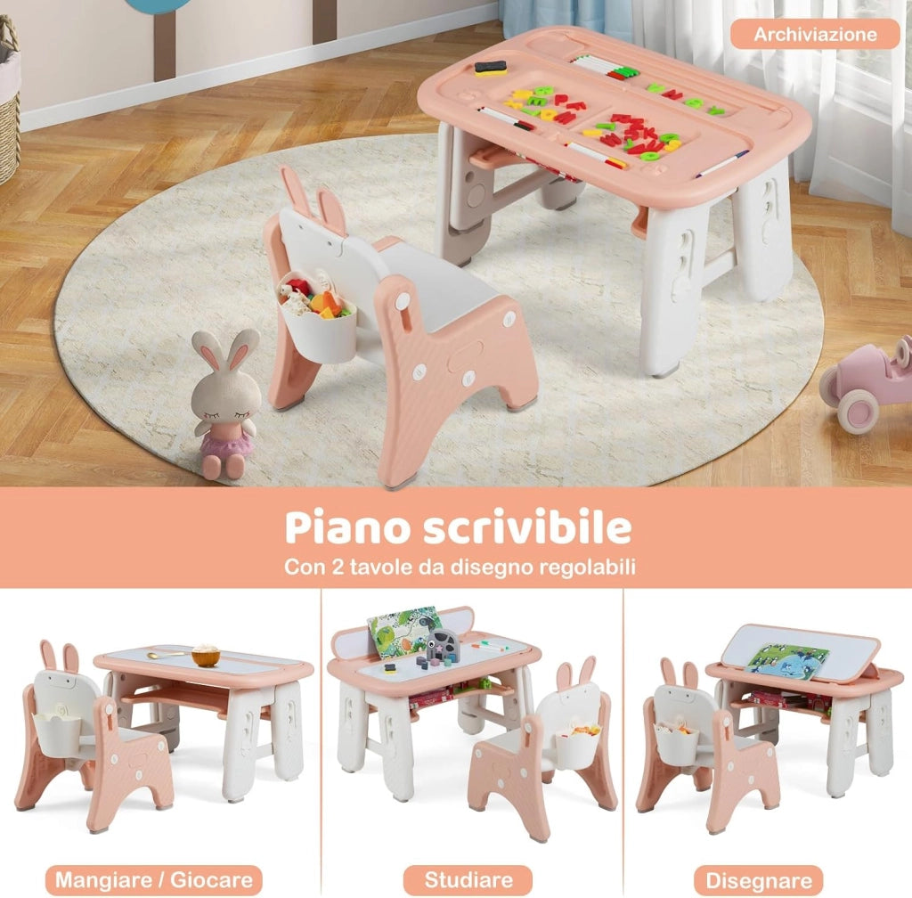 Set Tavolo e Sedia per Bambini, Tavolo e Sedia per Bambini con Mensola Ribaltabile, Lavagna Magnetica Cancellabile, Altezza Regolabile, per Camera da Letto, Sala, Giochi per Ragazzi (Rosa)