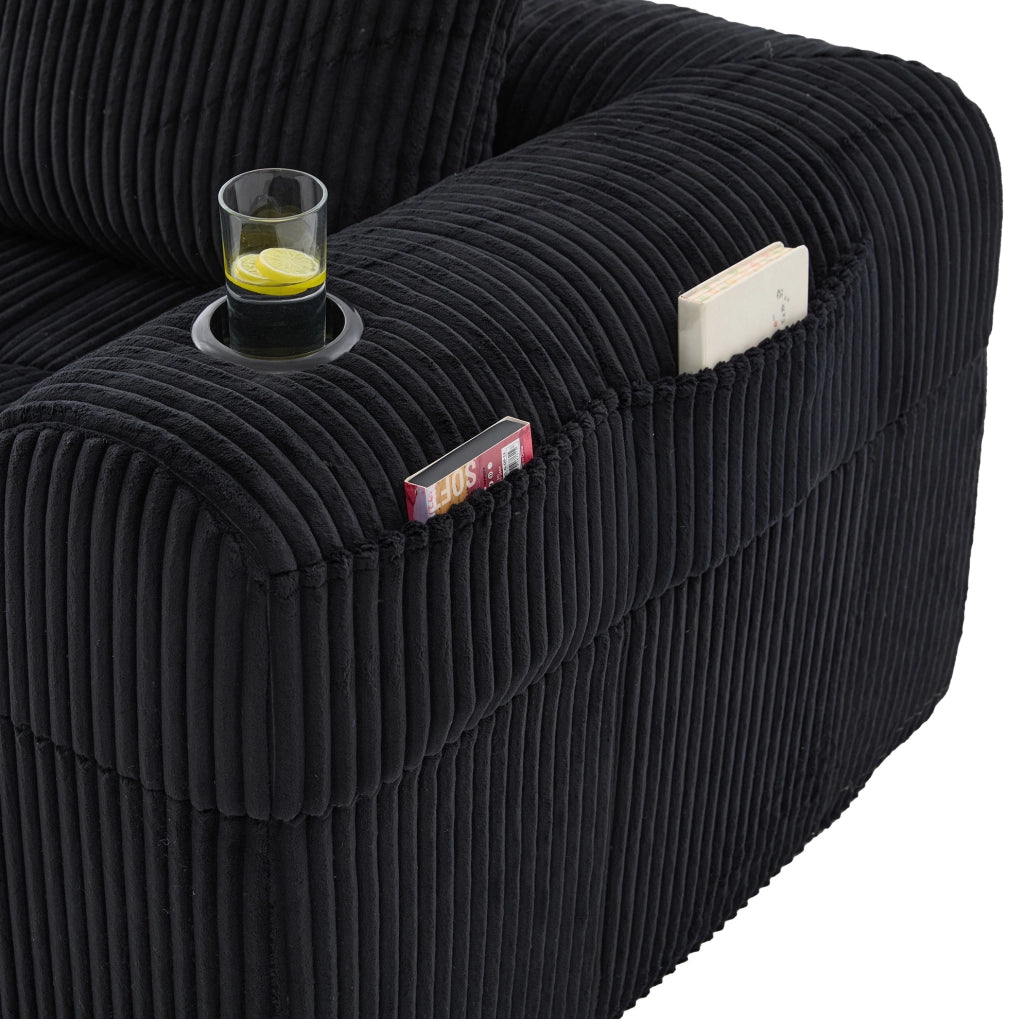Divano 253x158x61 cm modulare DIY con tasche laterali e portabicchieri in tessuto cord nero
